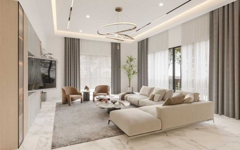 Contemporary Living Room with Homogeneous Tiles and TV Console