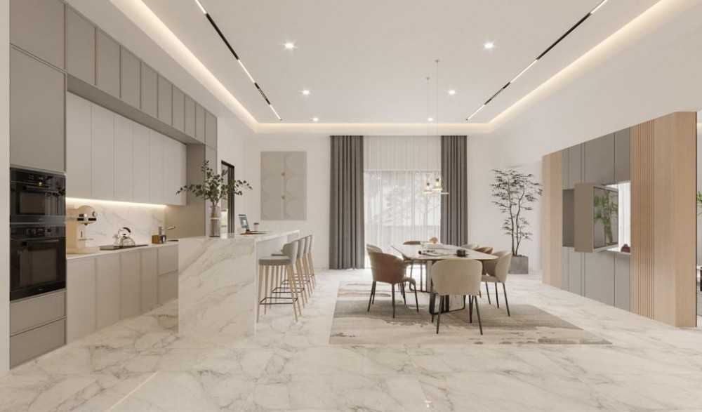 Contemporary Kitchen with Homogeneous Tiles and Open Kitchen