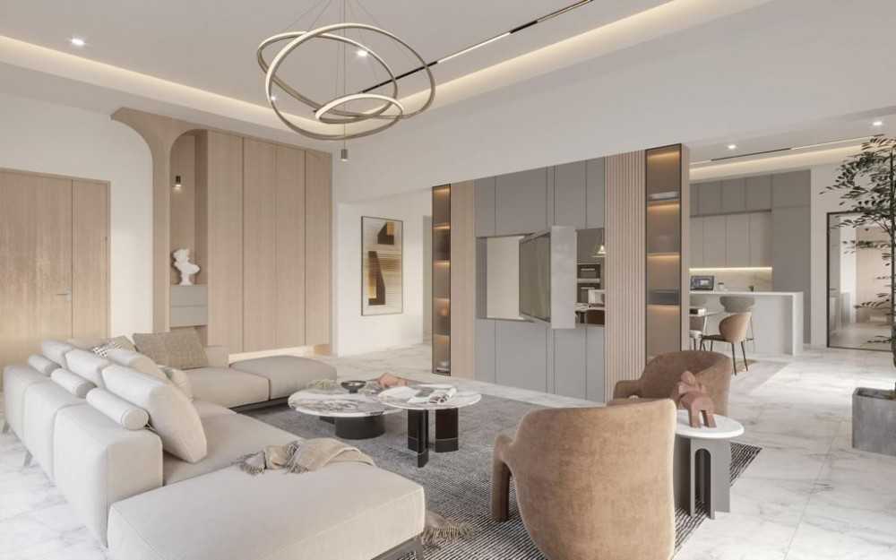 Contemporary Living Room with Homogeneous Tiles and Feature Wall