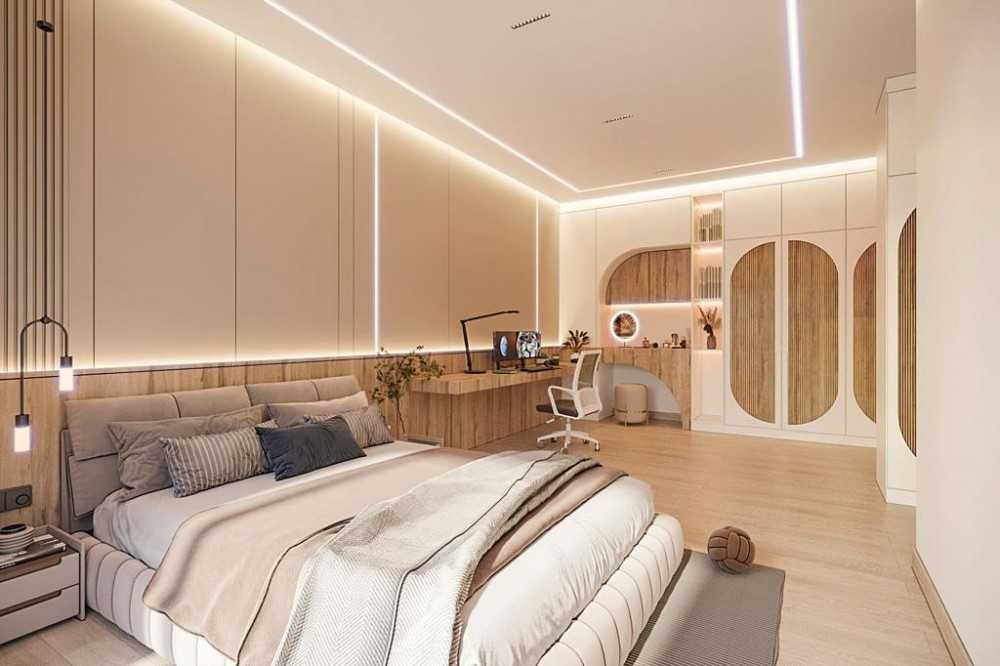 Contemporary Bedroom with Parquet Floor and Drop Ceiling