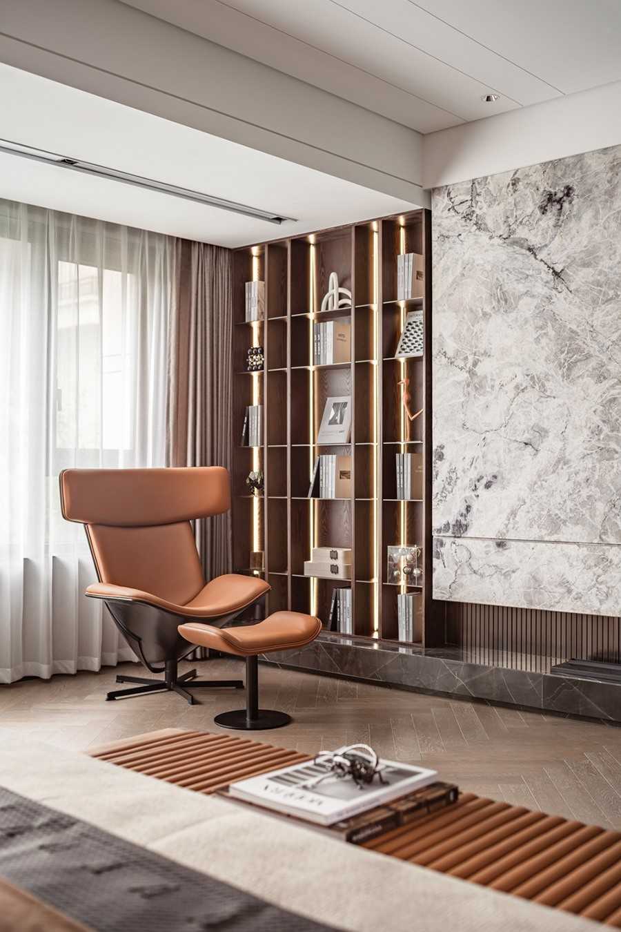 Contemporary Living Room with Herringbone Tiling and TV Console