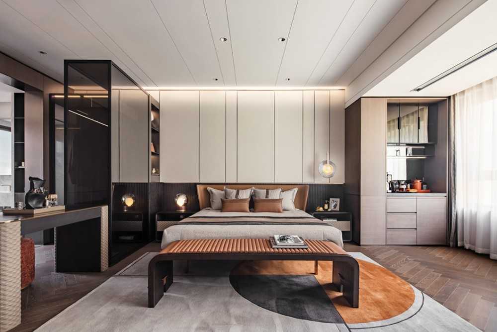 Contemporary Bedroom with Herringbone Tiling and Bay Window