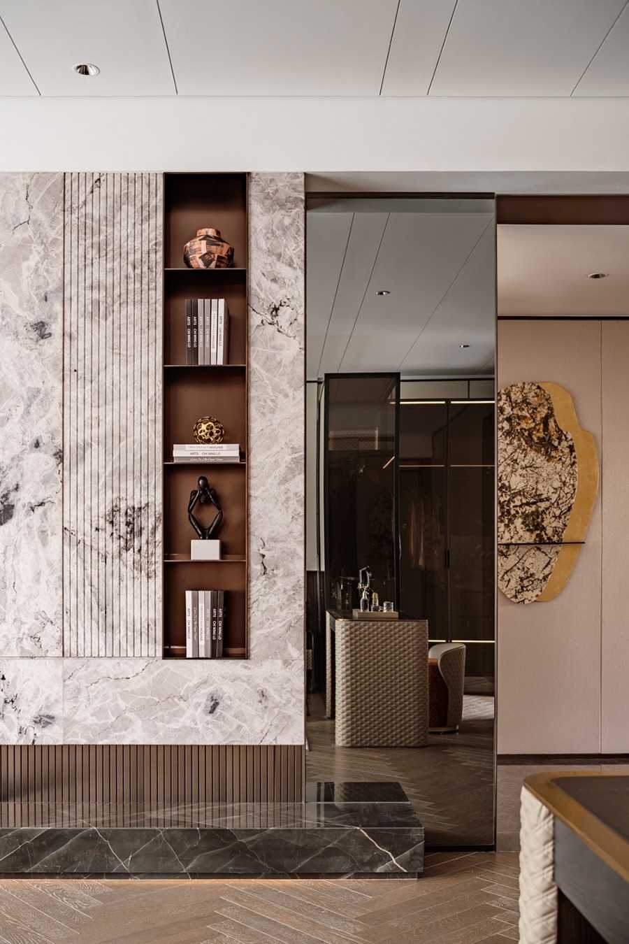 Contemporary Living Room with Herringbone Tiling and TV Console
