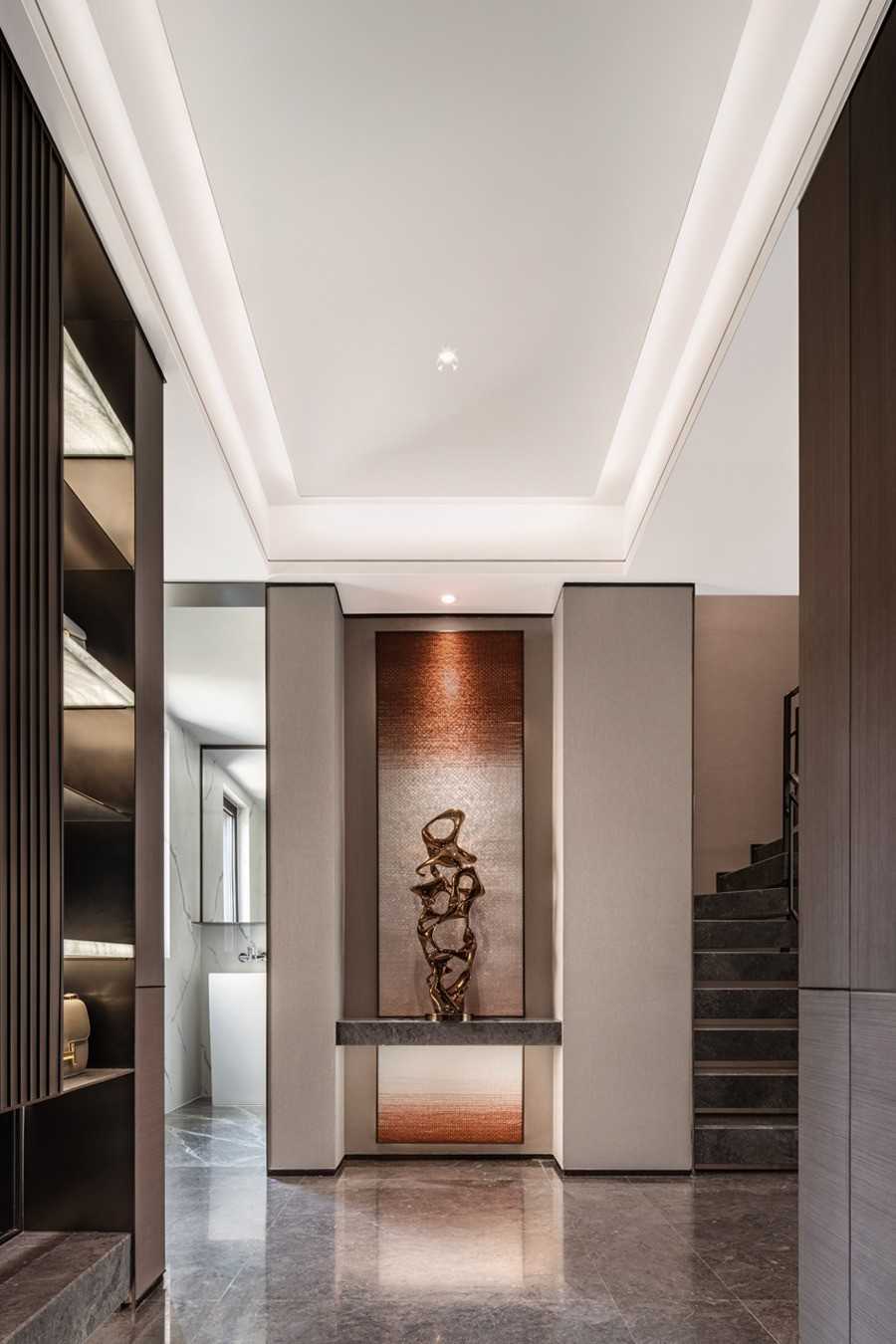 Contemporary Hallway with Homogeneous Tiles and Drop Ceiling