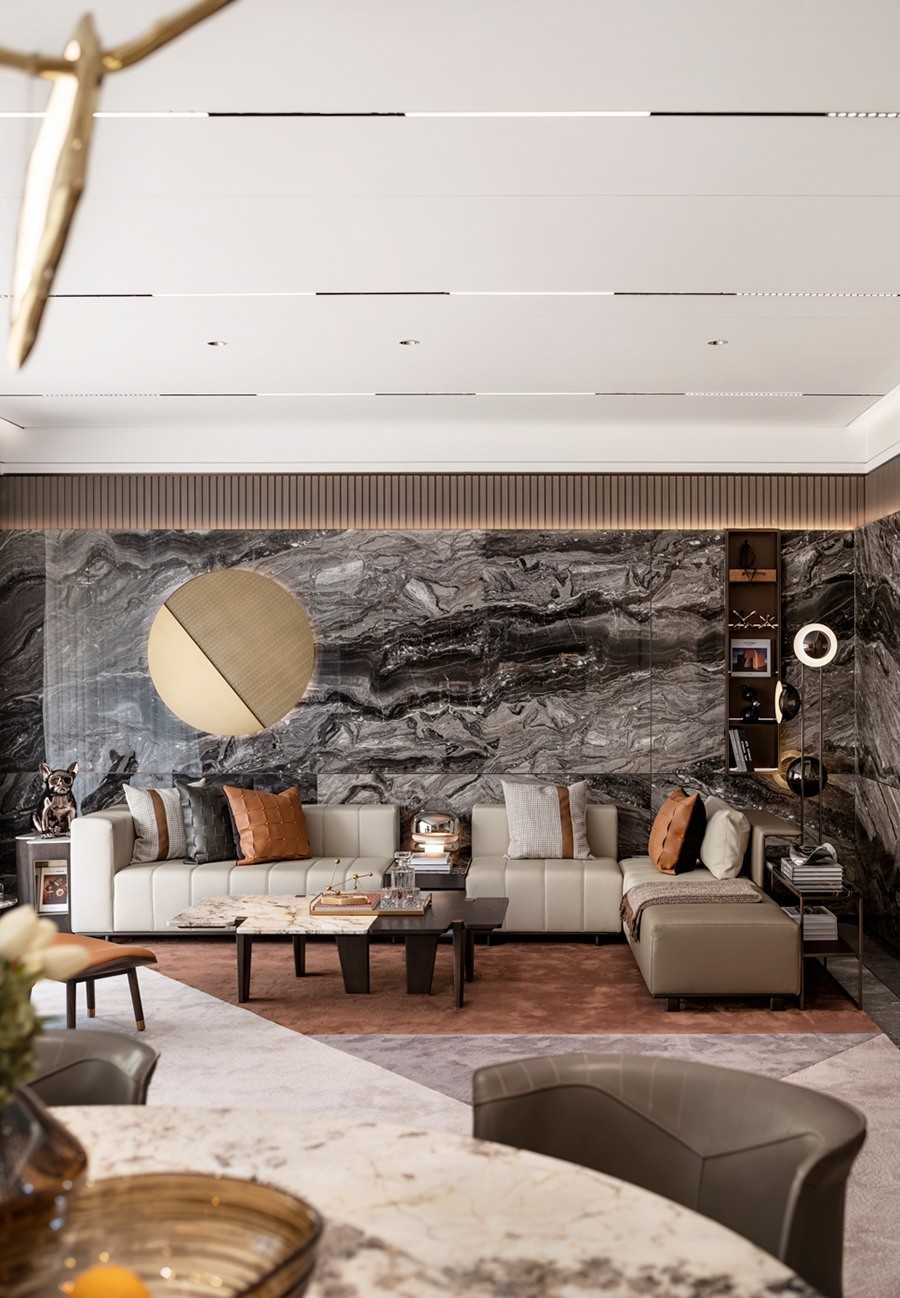 Contemporary Living Room with Homogeneous Tiles and Feature Wall