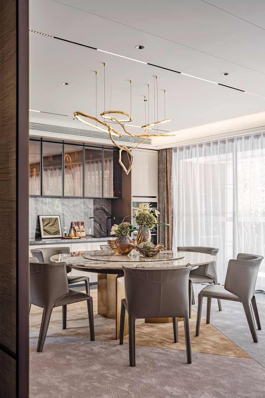 Contemporary Kitchen with Homogeneous Tiles and Chandelier