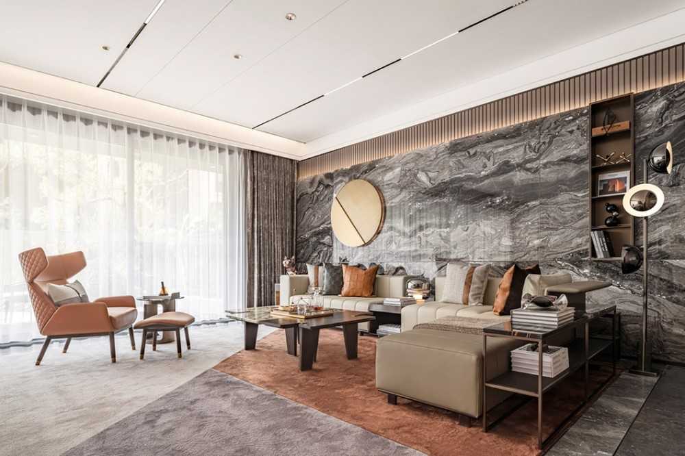 Contemporary Living Room with Homogeneous Tiles and Mirror