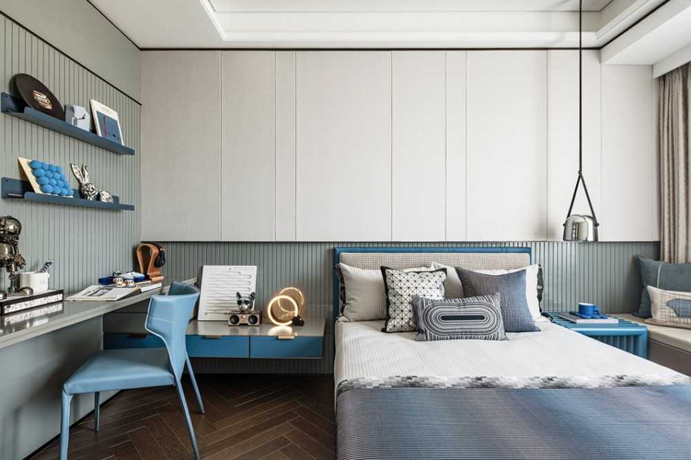 Contemporary Bedroom with Herringbone Tiling and Feature Wall