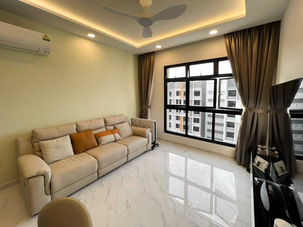 Modern Living Room with TV Console and Window Grille