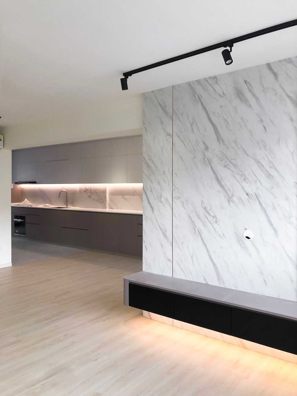Scandinavian Living Room with TV Console and Feature Wall