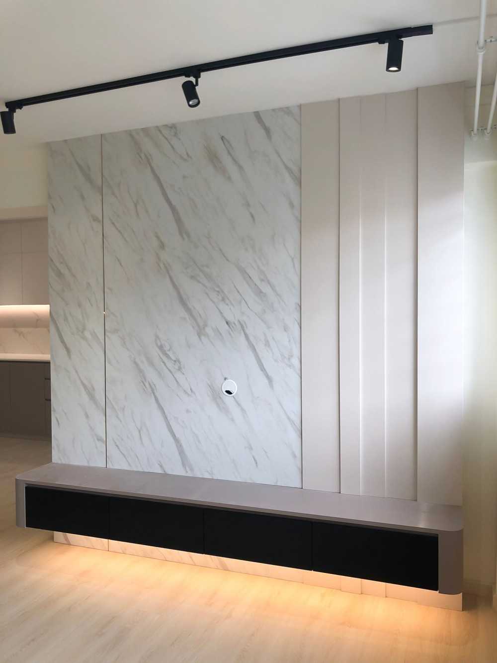 Scandinavian Living Room with TV Console and Feature Wall