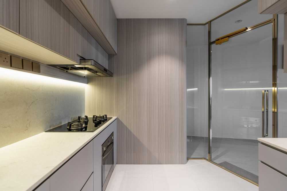 Modern Kitchen with Countertop and Glass Door