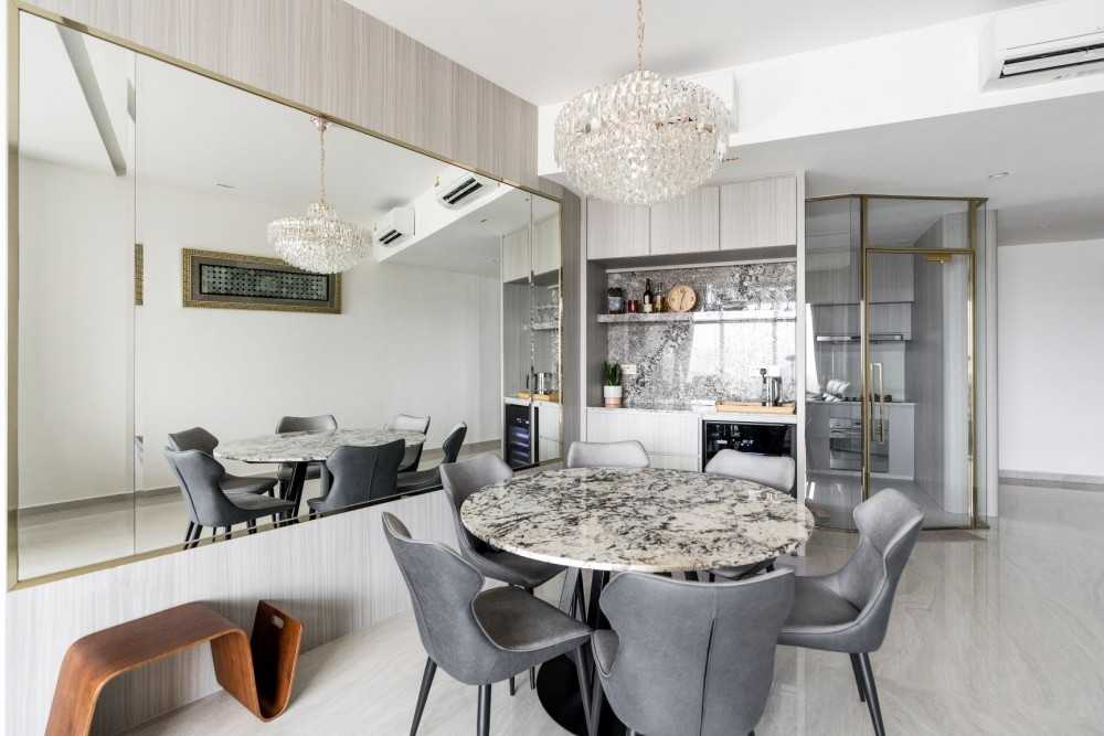 Modern Living Room with Chandelier and Dining Table