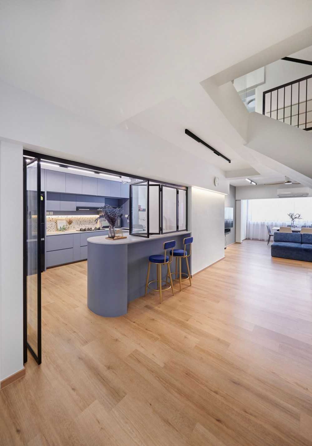 Modern Living Room with Vinyl Flooring and Kitchen Island