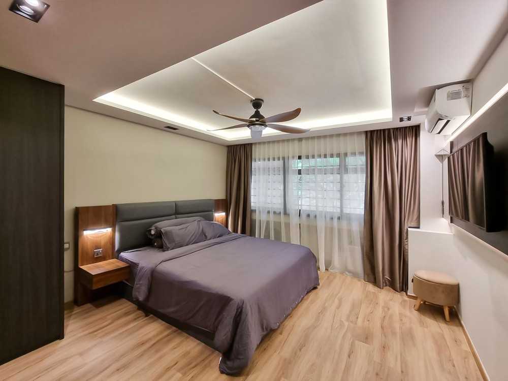 Modern Bedroom with TV Console and Window Grille