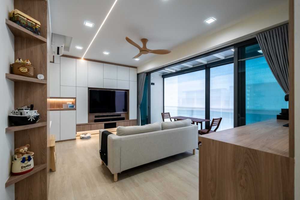 Scandinavian Living Room with TV Console and Feature Wall
