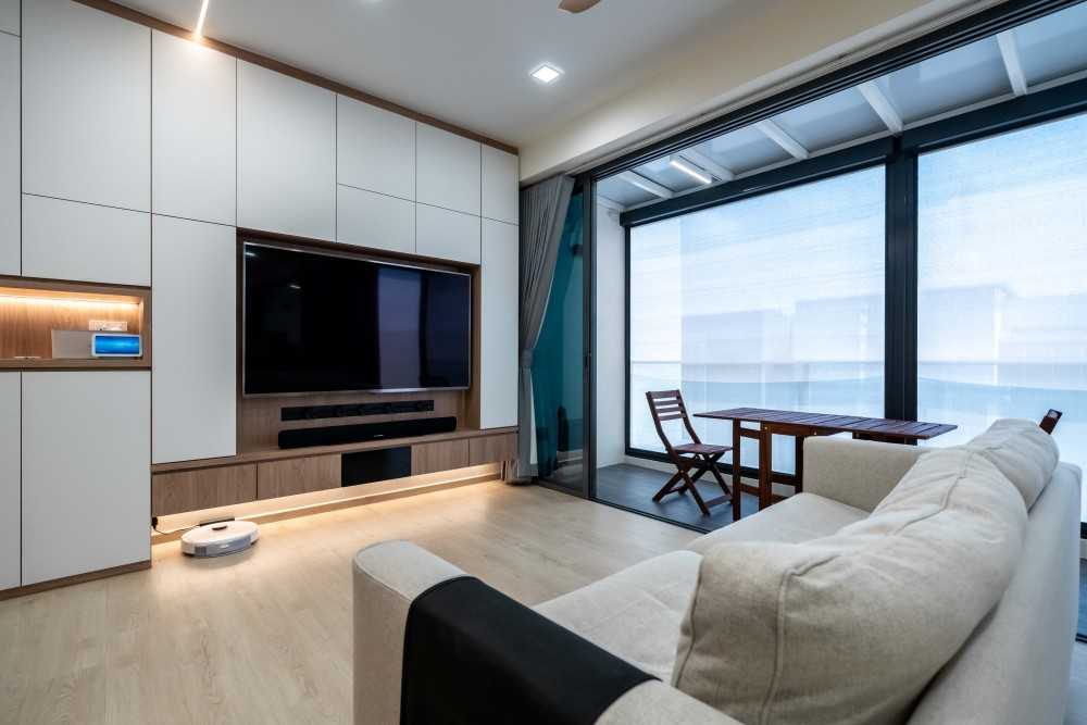 Scandinavian Living Room with Wood Flooring and TV Console