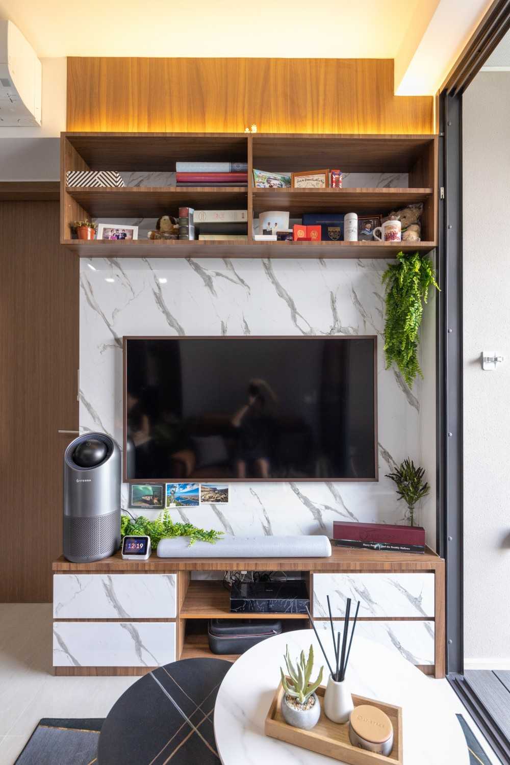 Modern Living Room with Bookshelf and TV Console
