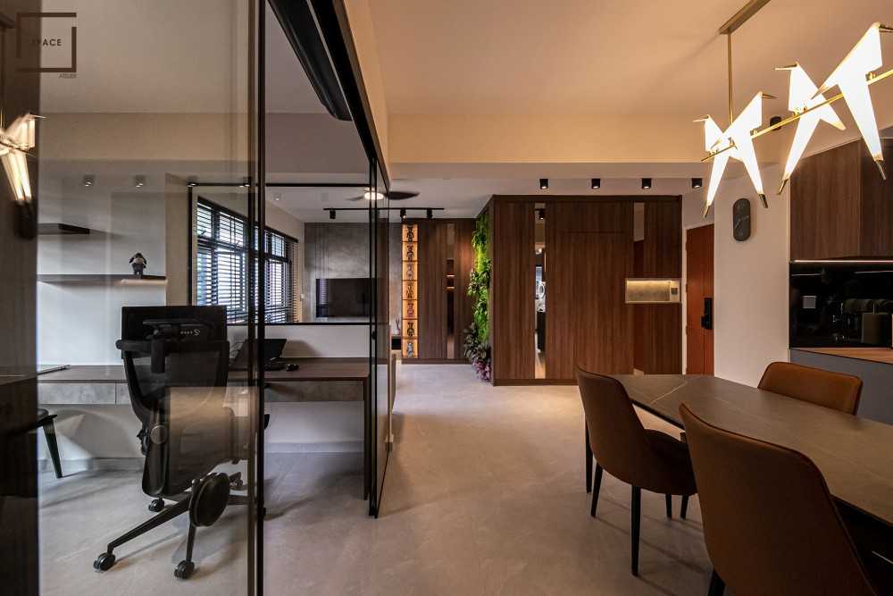 Contemporary Living Room with TV Console and Chandelier