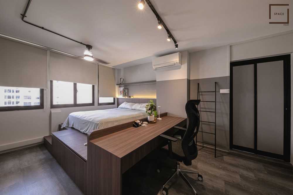 Contemporary Bedroom with Vinyl Flooring and Bay Window