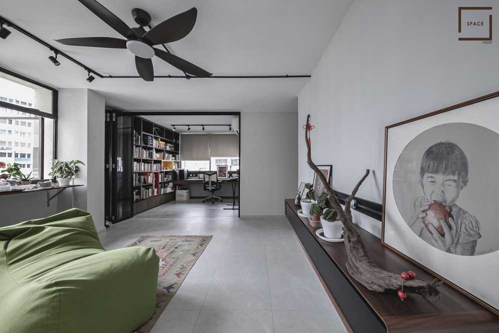Contemporary Living Room with Ottoman and Display Cabinets
