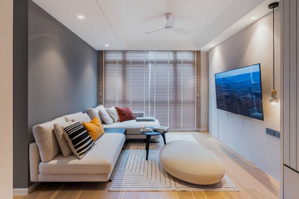 Contemporary Living Room with TV Console and Feature Wall
