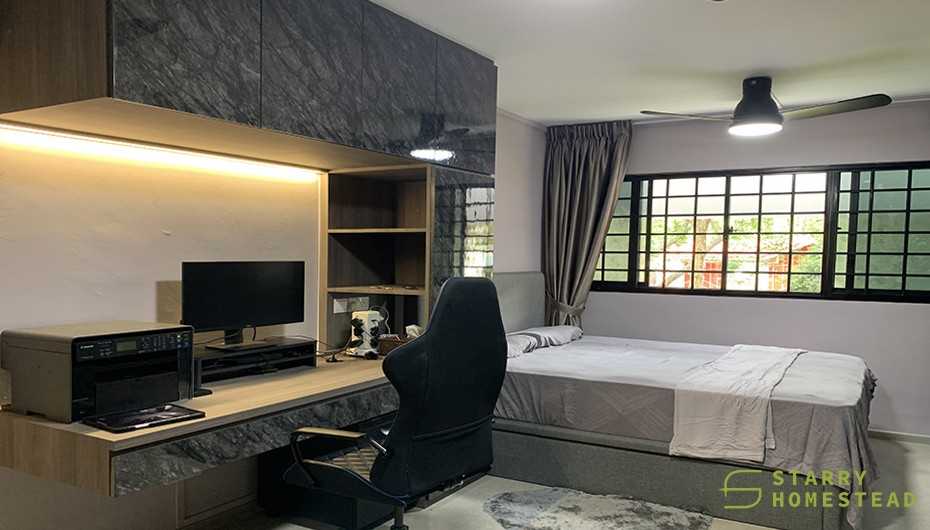 Modern Bedroom with Bookshelf and Queen Bed