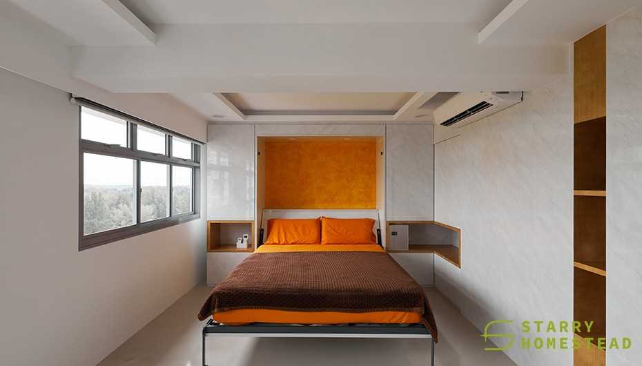 Modern Bedroom with Storage Cabinets and Open Storage