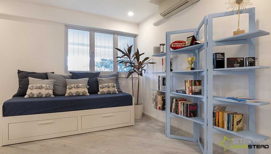 Eclectic Bedroom with Bookshelf and Sofa