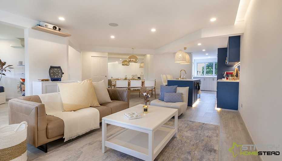 Eclectic Living Room with Ceiling Light and Coffee Table