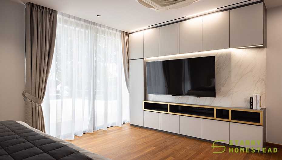 Modern Bedroom with Ceiling Light and Curtain