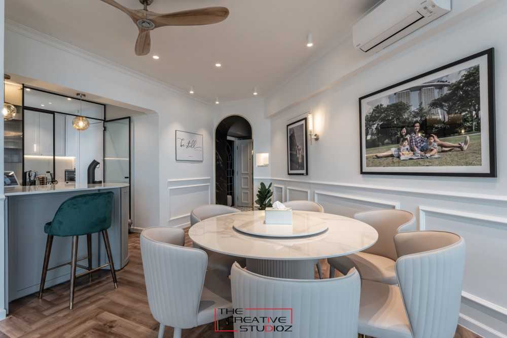 Contemporary Dining Room with Drop Light and Cove Lighting