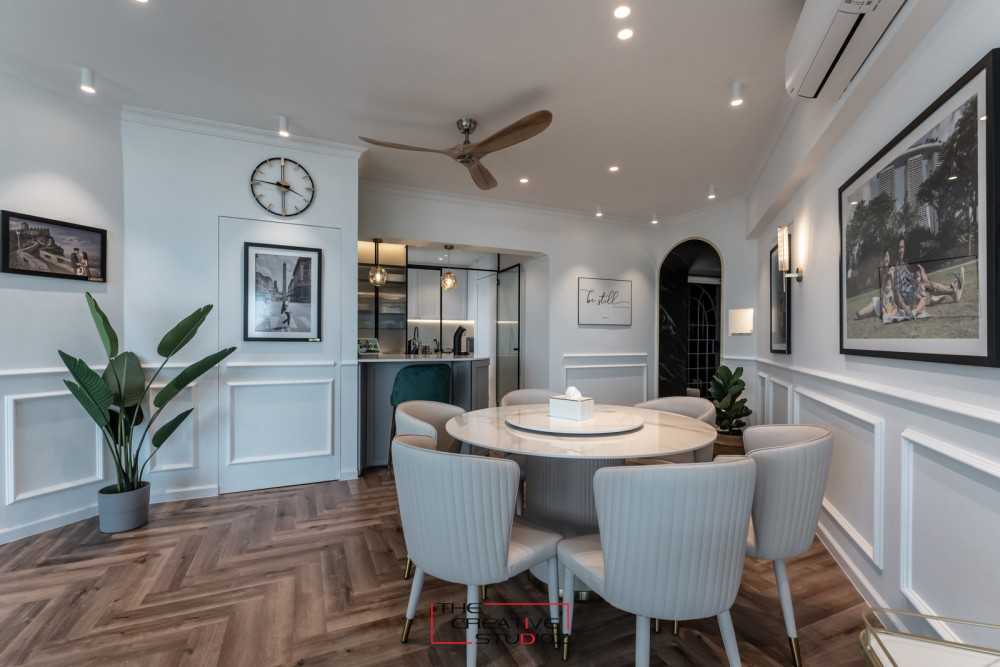 Contemporary Dining Room with Drop Light and Cove Lighting