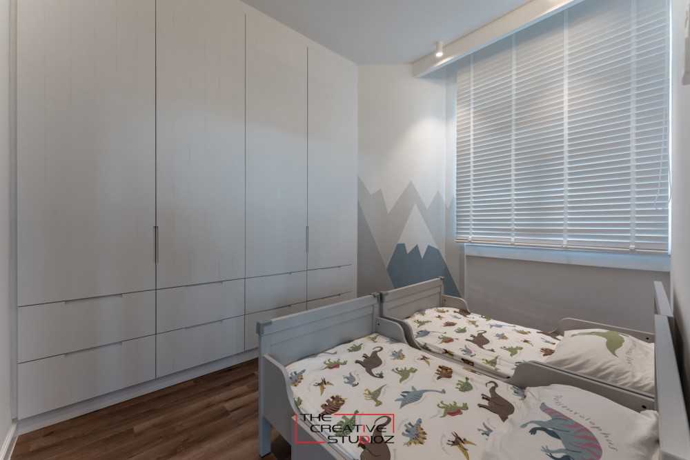 Contemporary Bedroom with Parquet Floor and Drop Light