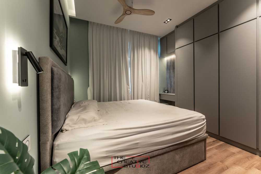 Contemporary Bedroom with Parquet Floor and Drop Light