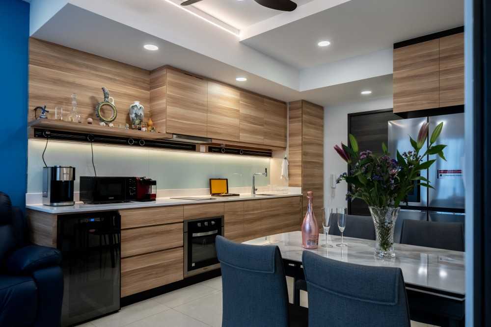 Contemporary Kitchen with Herringbone Tiling and Kitchen Window