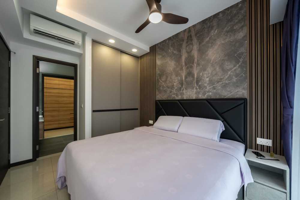 Contemporary Bedroom with Homogeneous Tiles and Wood Flooring