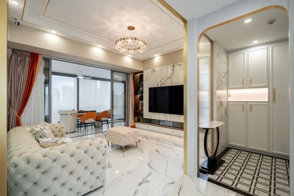 Modern Living Room with Marble Floor and TV Console