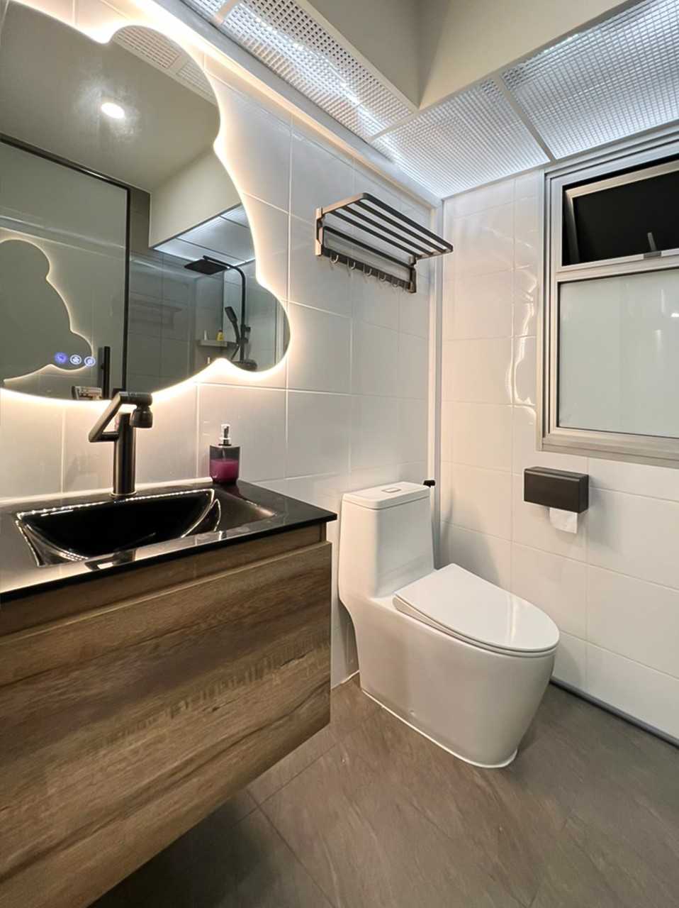 Scandinavian Bathroom with Mirror and Window Grille