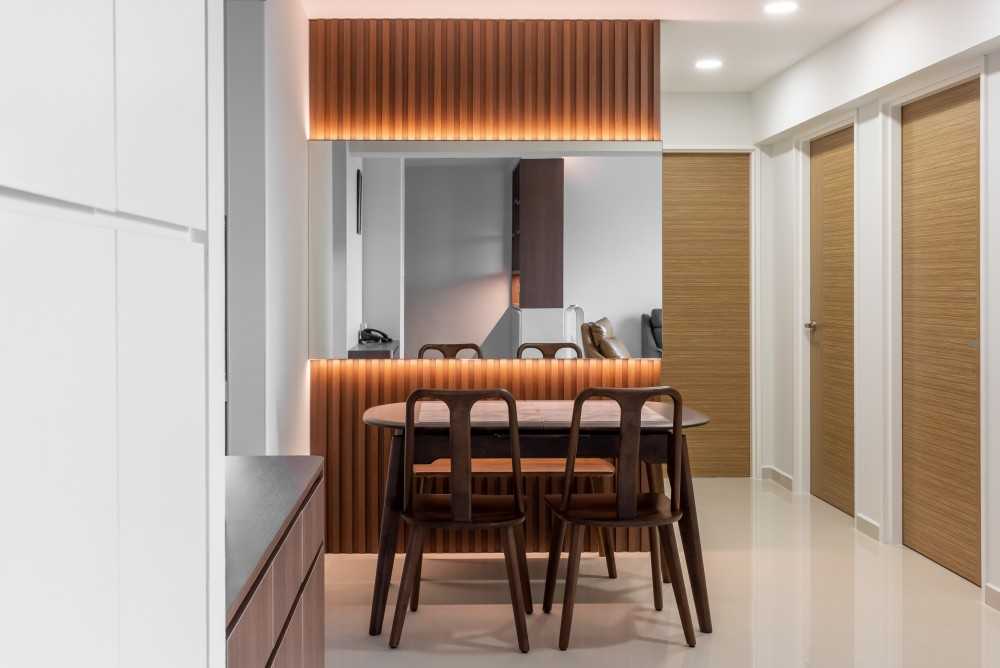 Transitional Dining Room with Feature Wall and Mirror