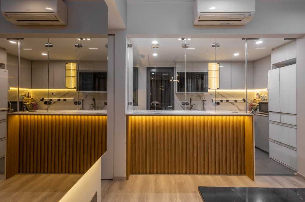 Scandinavian Kitchen with Feature Wall and Glass Door