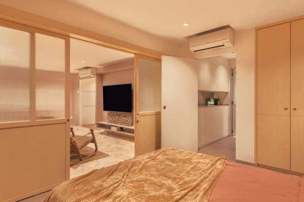 Modern Bedroom with Marble Floor and Drop Ceiling