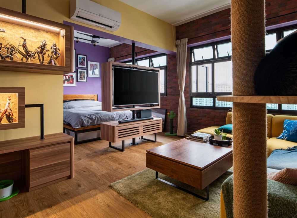Eclectic Living Room with Vinyl Flooring and TV Console