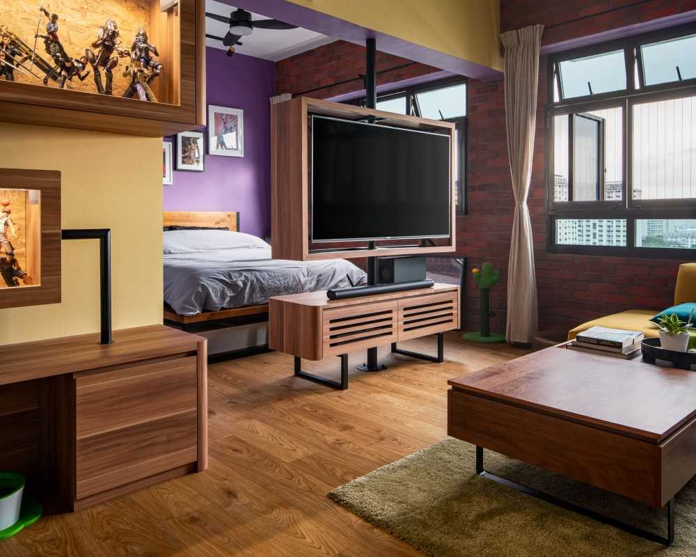 Eclectic Living Room with TV Console and Feature Wall