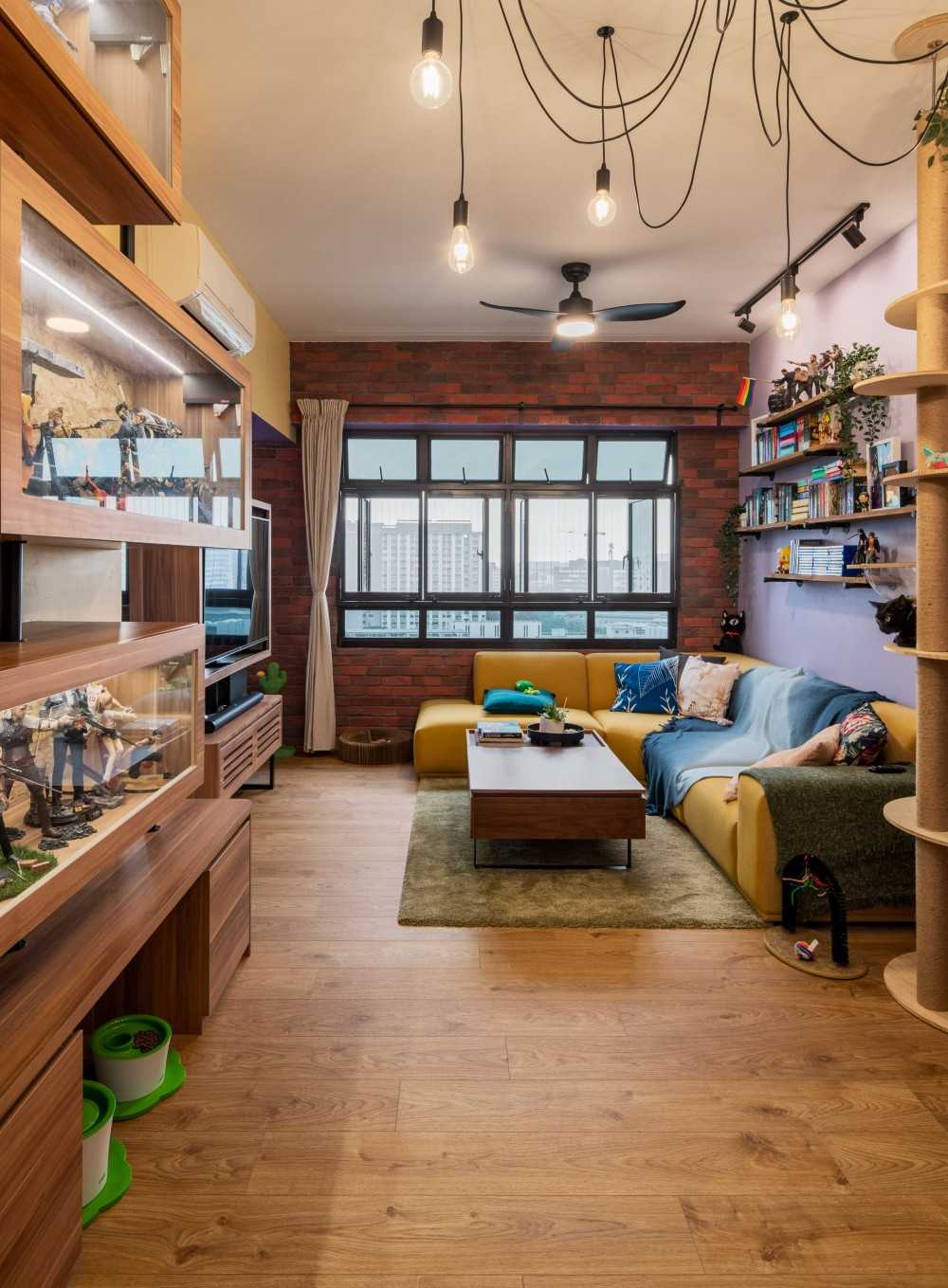 Eclectic Living Room with Wood Flooring and TV Console