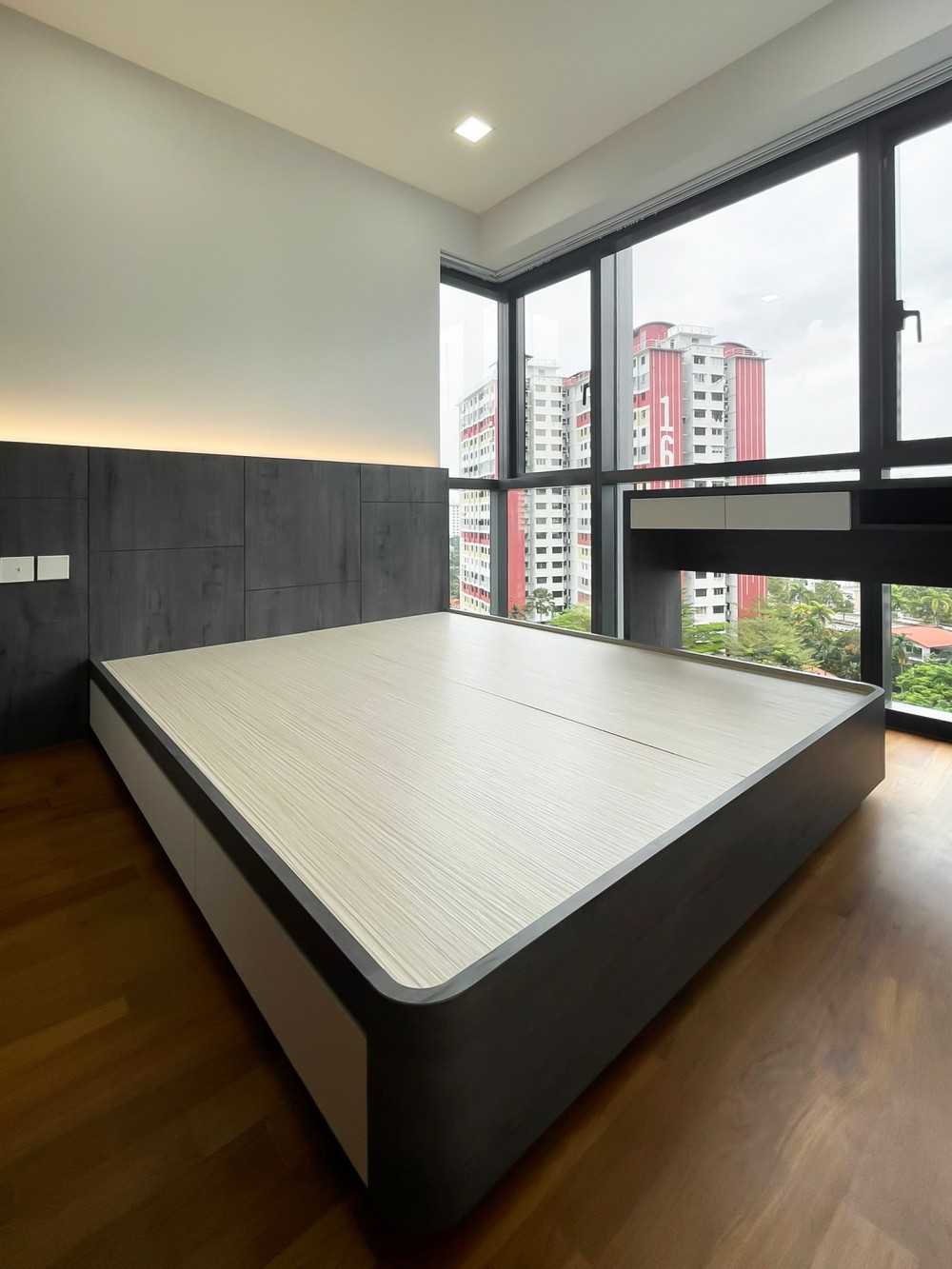 Scandinavian Bedroom with Built-in Bed and Window Grille