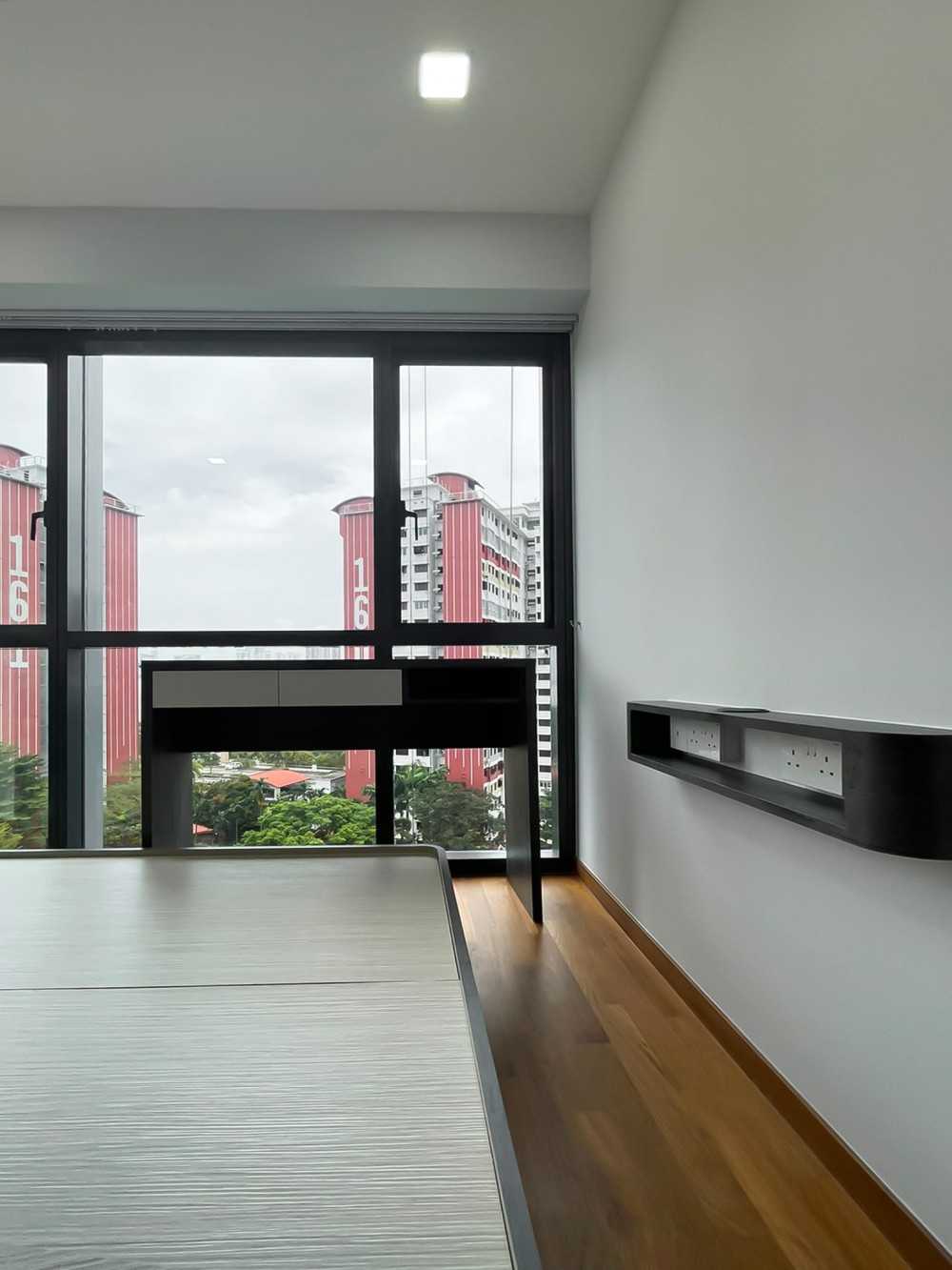 Scandinavian Bedroom with TV Console and Window Grille