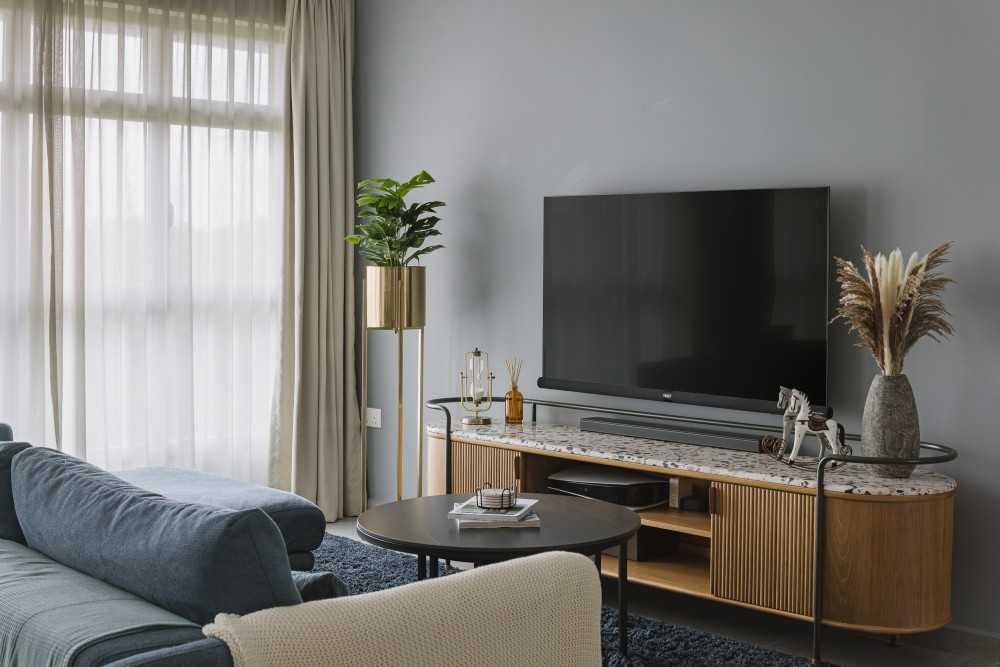 Contemporary Living Room with TV Console and Carpet