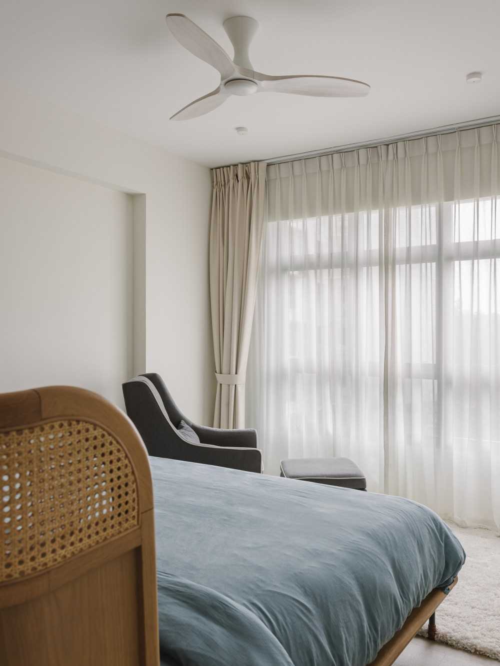 Contemporary Bedroom with Ceiling Fan and Curtain
