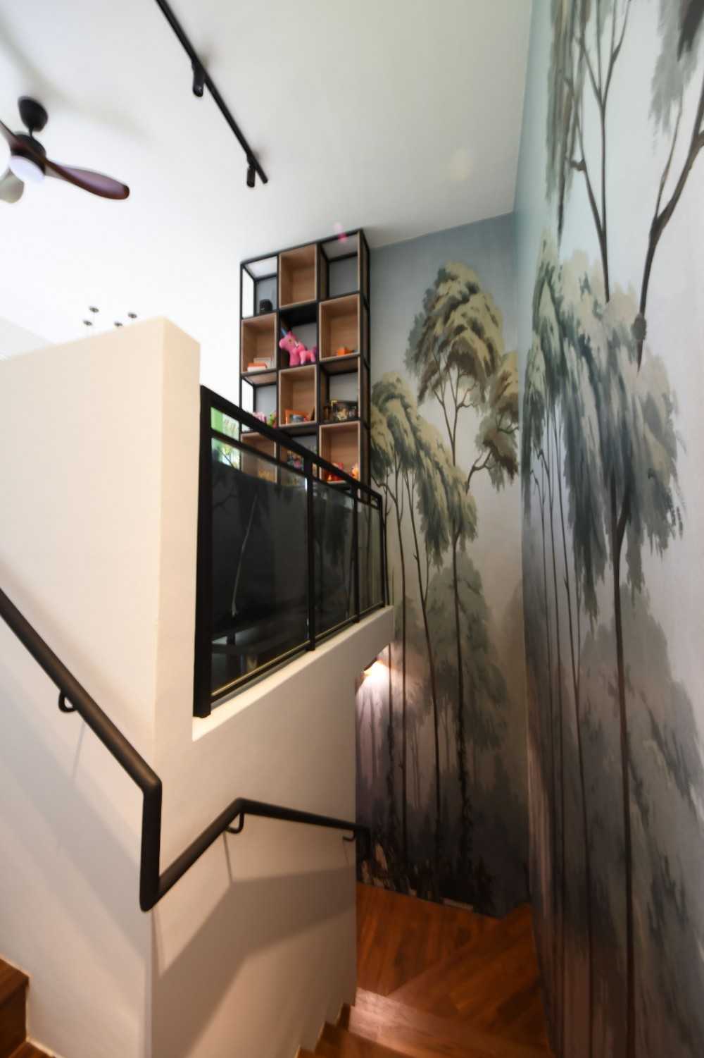 Contemporary Hallway with Bookshelf and Artwork